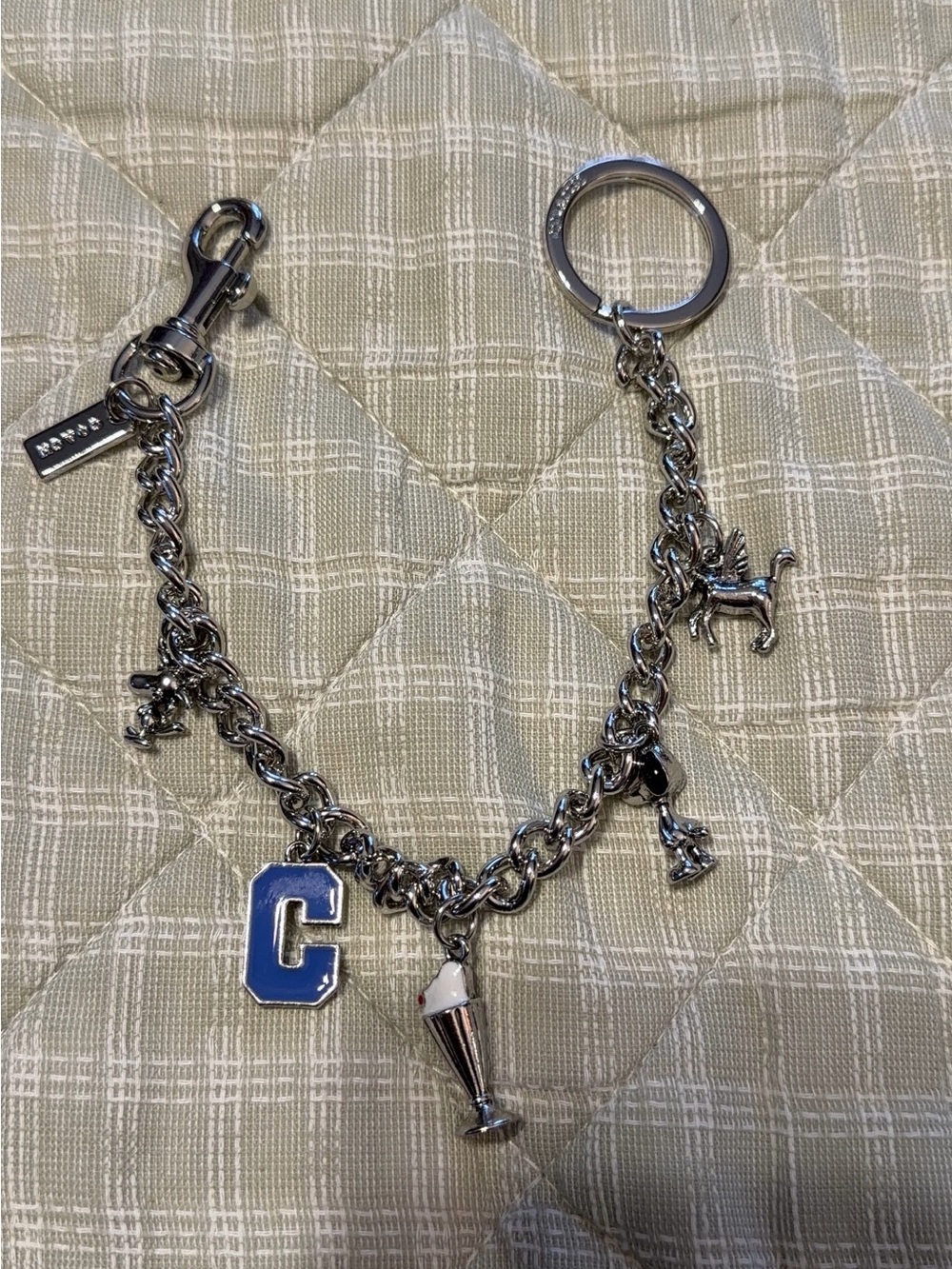 Coach Silver Chain Charm Key Ring with Blue 'C' Accent